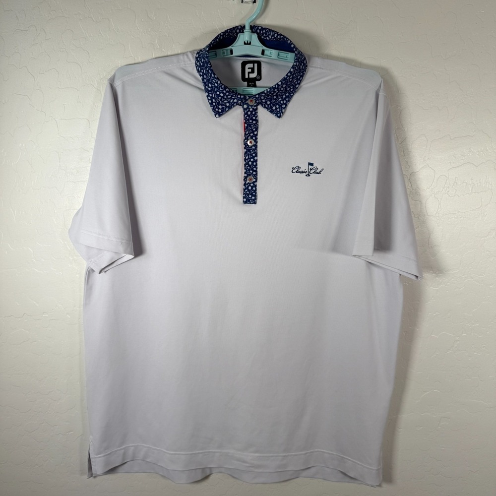 Footjoy Polo Shirt Mens XL White Blue Classic Golf Club Performance Floral - Picture 2 of 9